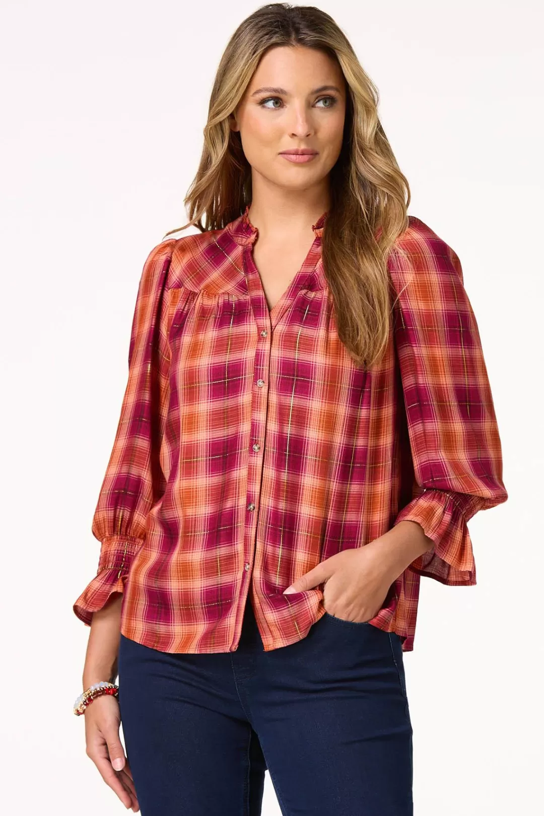 Cato Tops | Ruffled Plaid Top