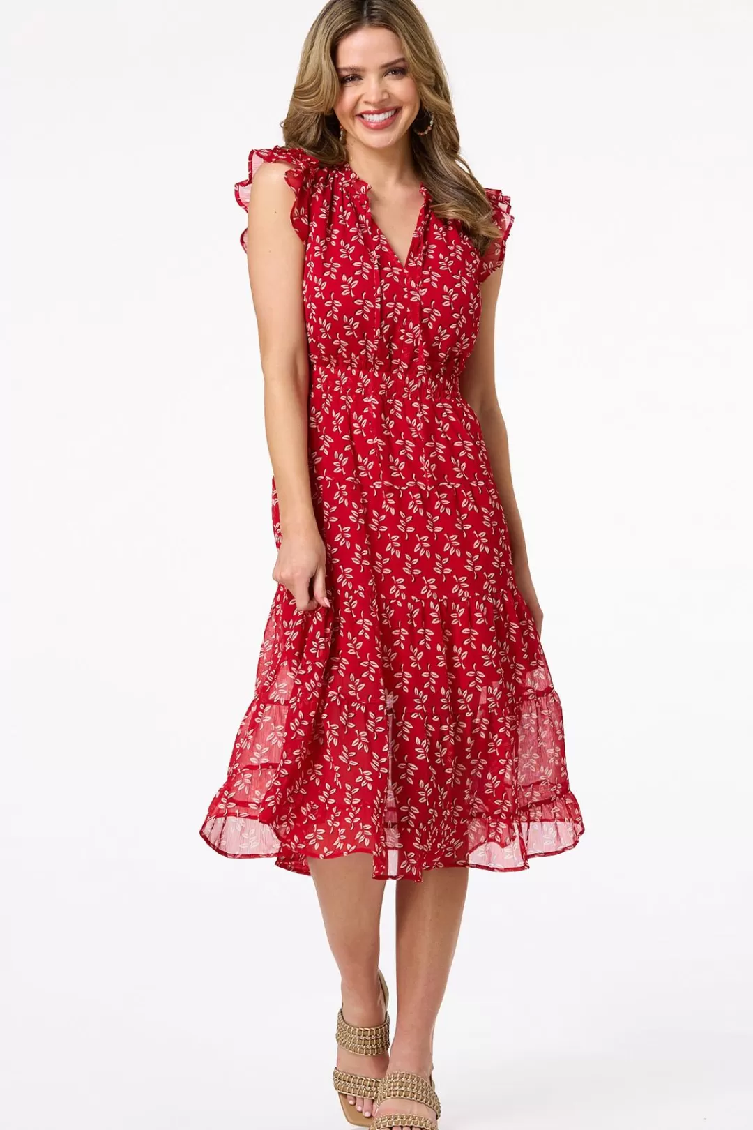 Cato Dresses | Ruffled Red Leaf Midi Dress