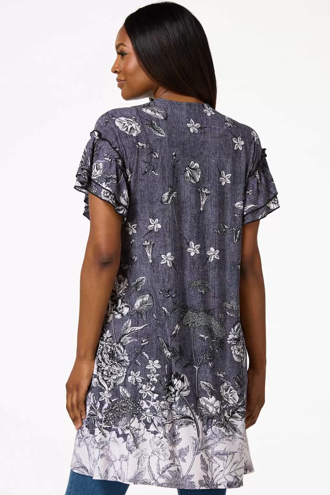 Cato Tops | Ruffled Sketch Floral Kimono