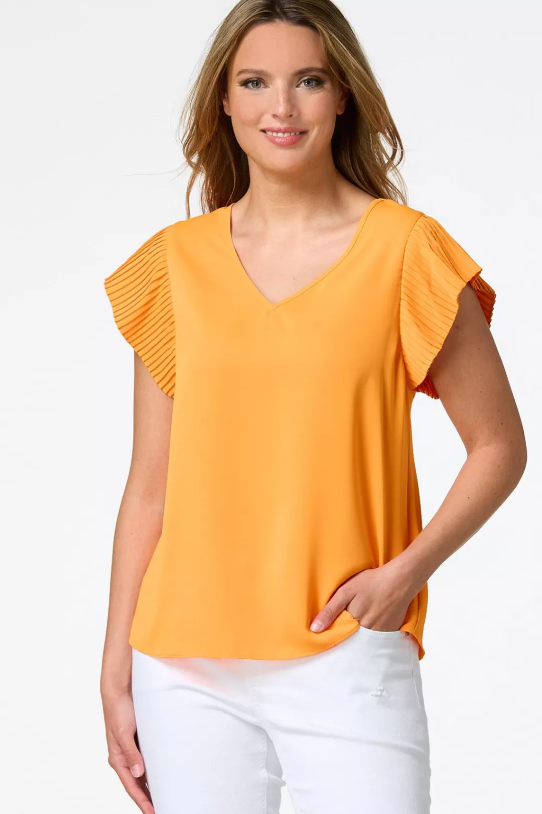 Cato Tops | Solid Pleated Sleeve Top