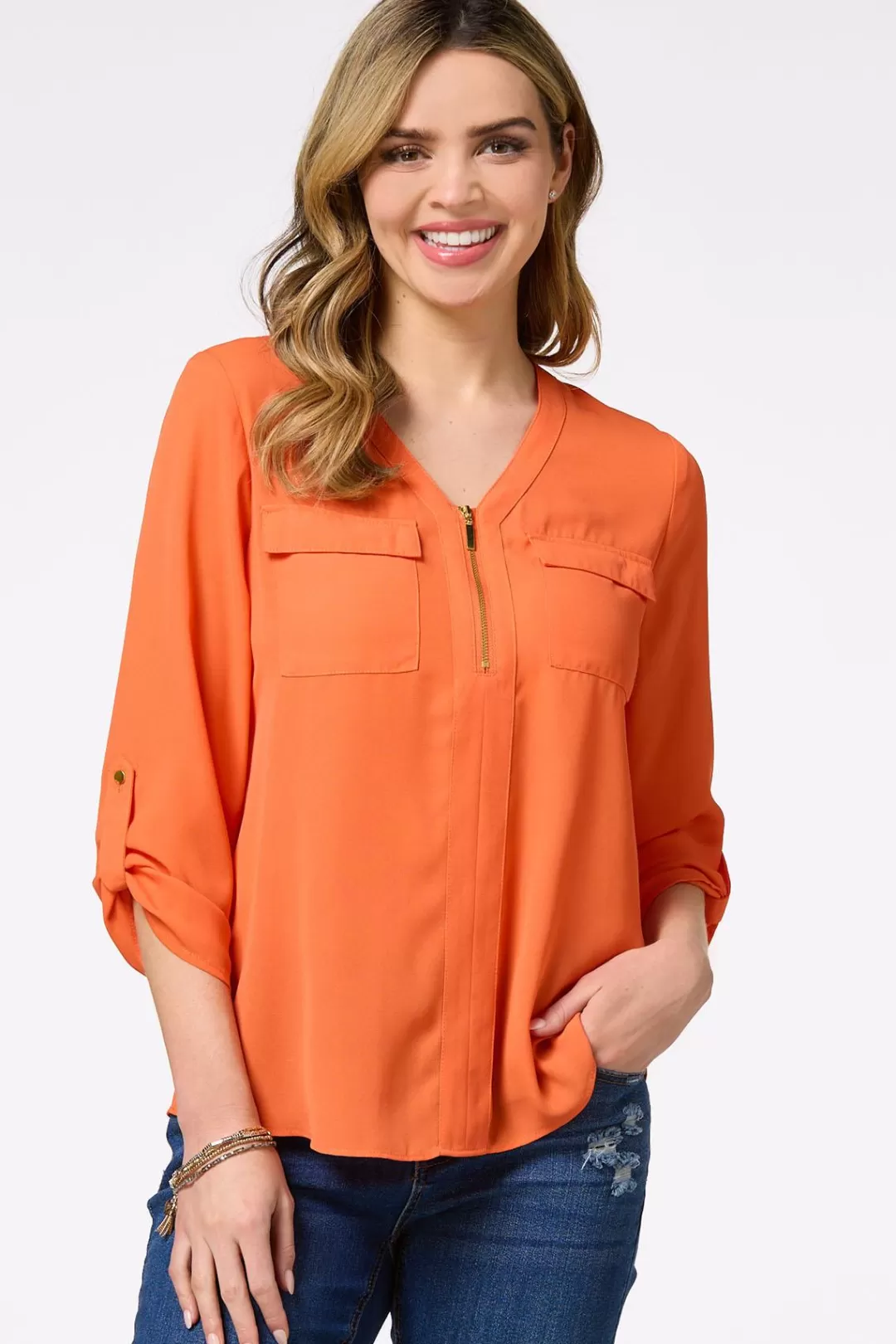 Cato Tops | Solid Zip Neckline Top