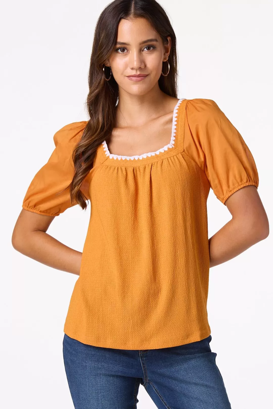 Cato Tops | Stitch Trim Puff Sleeve Top