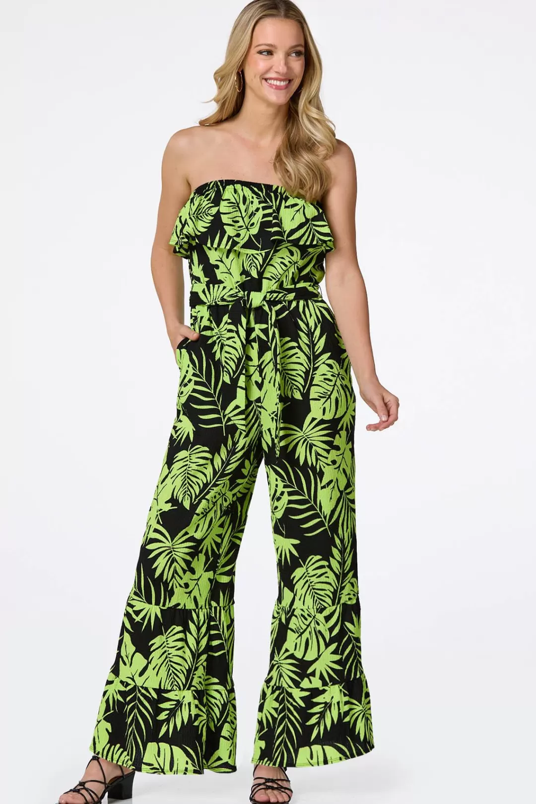 Cato Dresses | Strapless Palm Print Jumpsuit