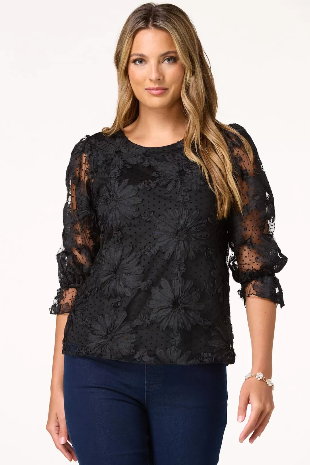 Cato Tops | Textured Floral Mesh Top