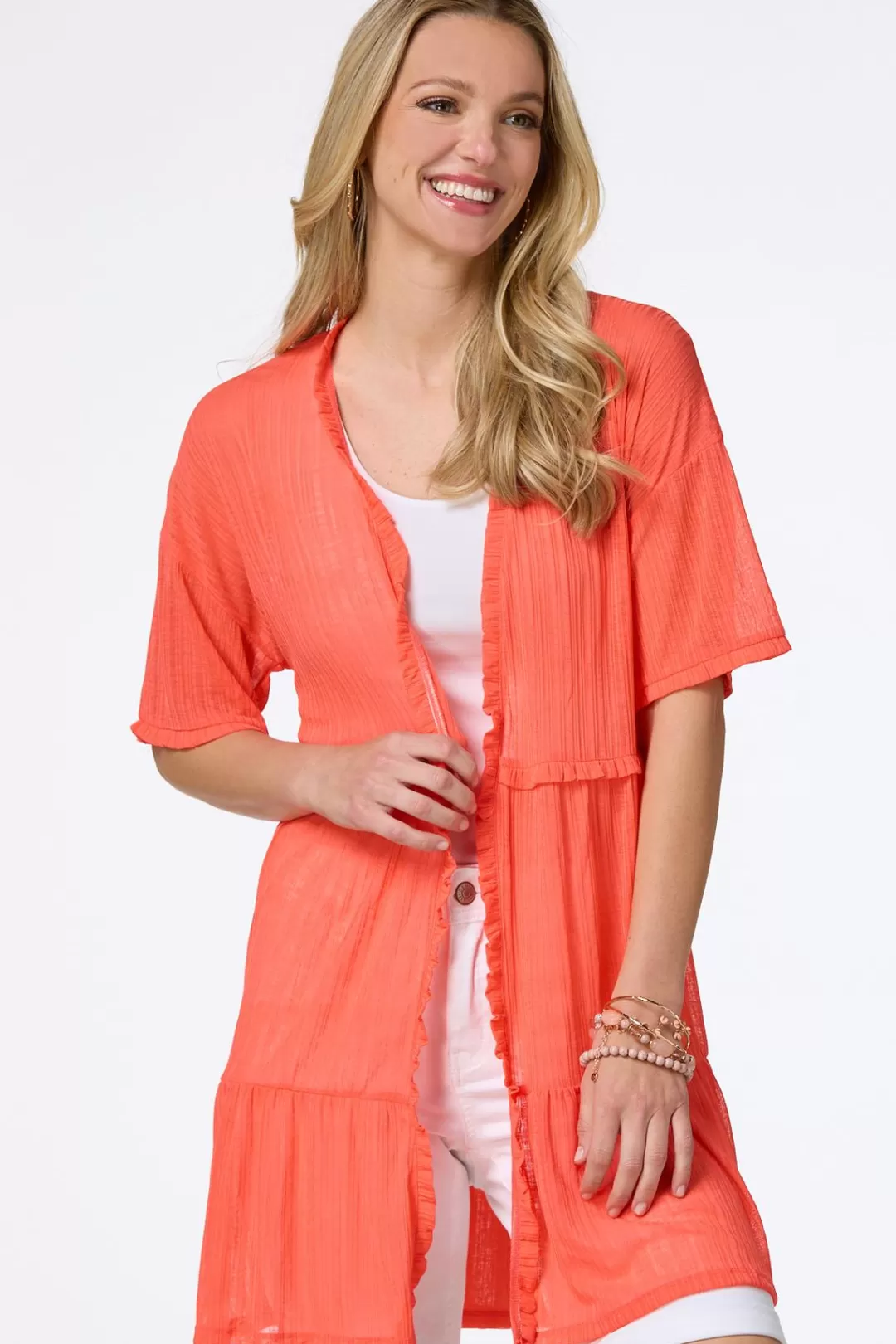 Cato Tops | Tiered Coral Cardigan