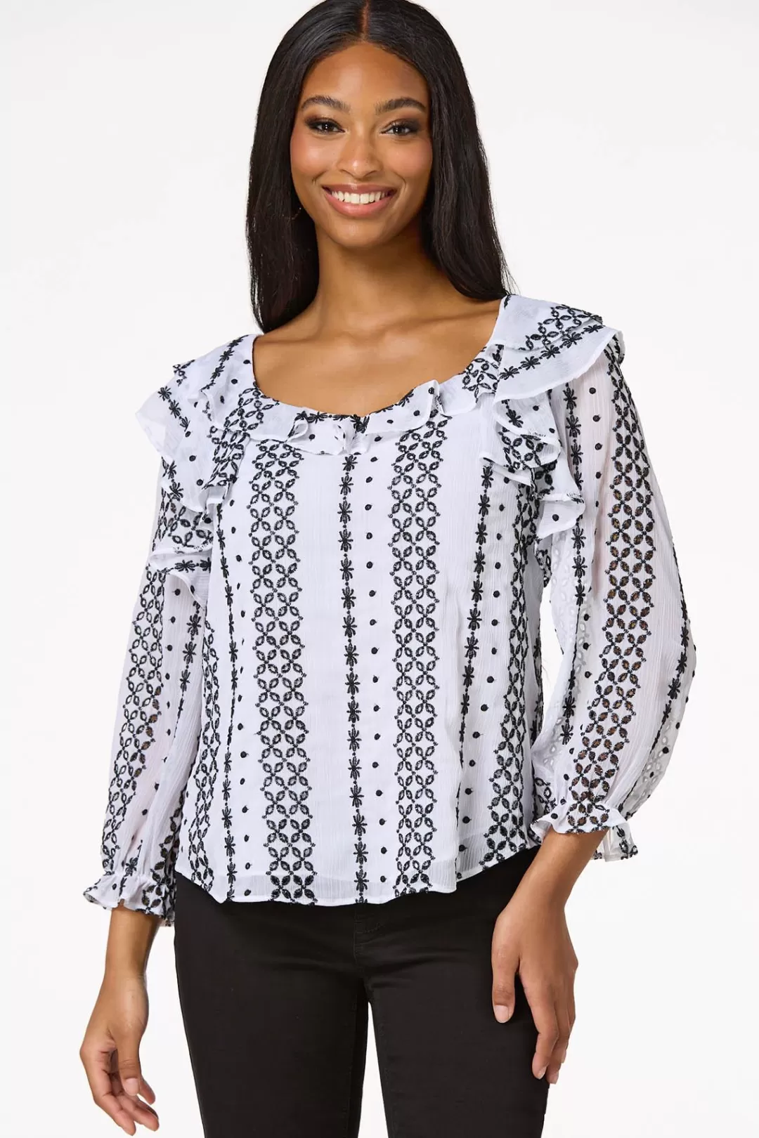 Cato Tops | White Ruffled Eyelet Top