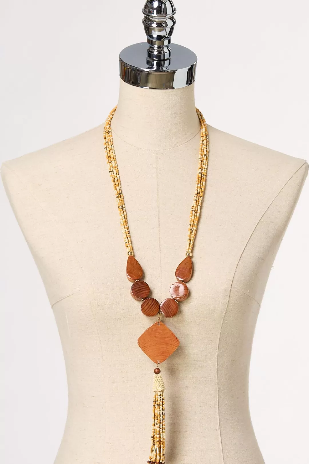 Cato Necklaces | Wood Multi Bead Tassel Necklace